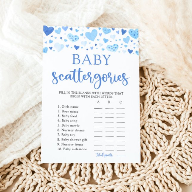 Invitation Blue Valentine Baby shower Scattegories Jeu (Watercolor Cute Blue Hearts Valentine Sweetheart February Boy Baby Scattegories Baby Shower Game)