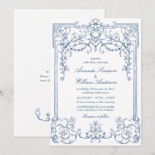 Invitation Blue Victorian Ornate Grace Floral Mariage françai