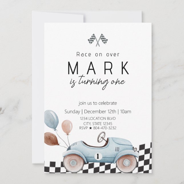 Invitation Blue Vintage Race Car Anniversaire (Devant)
