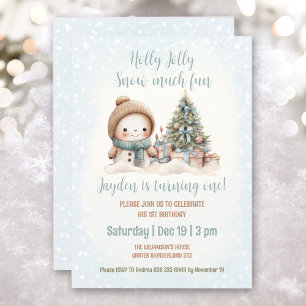 Invitation Blue Vintage Snowman Boy Noël 1er anniversaire