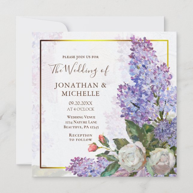Invitation Blue violet Lilacs Gold Frame Christian Mariage (Devant)
