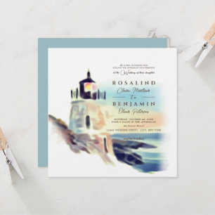 Invitation Blue Watercolor Beach Lighthouse Paysage Mariage