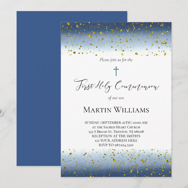 Invitation  blue watercolor First Communion  (Devant / Derrière)