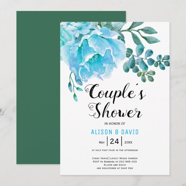 Invitation Blue Watercolor fleurs mariage couples douche (Devant / Derrière)