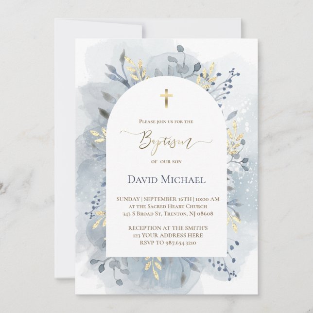 Invitation blue watercolor foliage Baptism  (Devant)