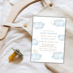 Invitation Blue Watercolor Moon Star Cloud Boy Baby shower