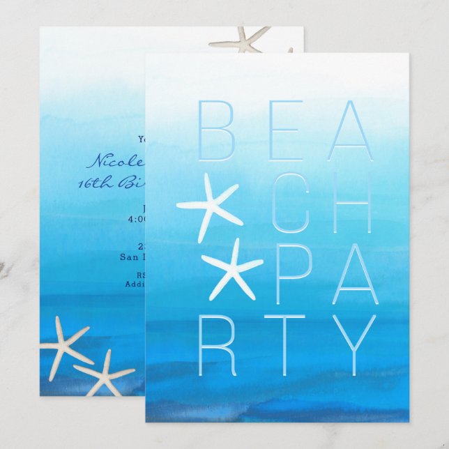 Invitation Blue Watercolor Tropical Modern Beach Party (Devant / Derrière)