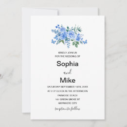 Invitation Blue Watercolour Floral Butterflies Wedding