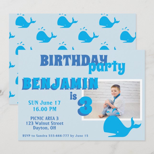 Invitation Blue Whale Boys Photo Anniversaire (Devant / Derrière)