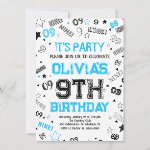 Invitation Blue White Boy Numéro Neuf fête d'anniversaire