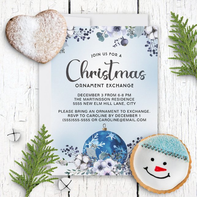 Invitation Blue White Christmas Floral Orament Exchange (Créateur téléchargé)