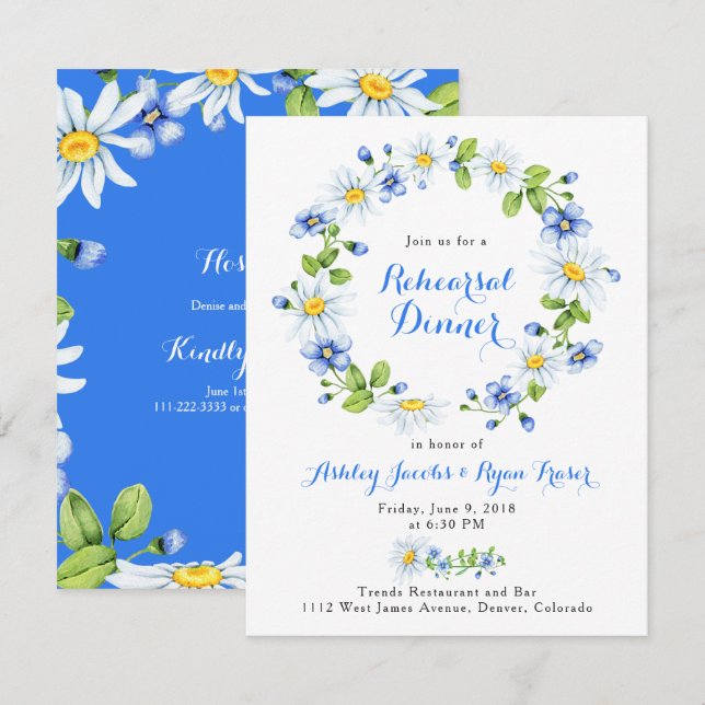 Invitation Blue White Country Daisy Floral Rehearer Dîner (Devant / Derrière)