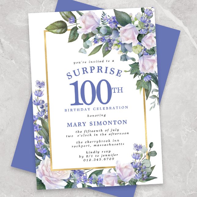 Invitation Blue White Floral 100e anniversaire Surprise Party (Créateur téléchargé)