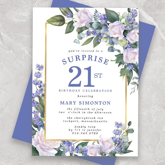 Invitation Blue White Floral 21e anniversaire Surprise Party (Créateur téléchargé)