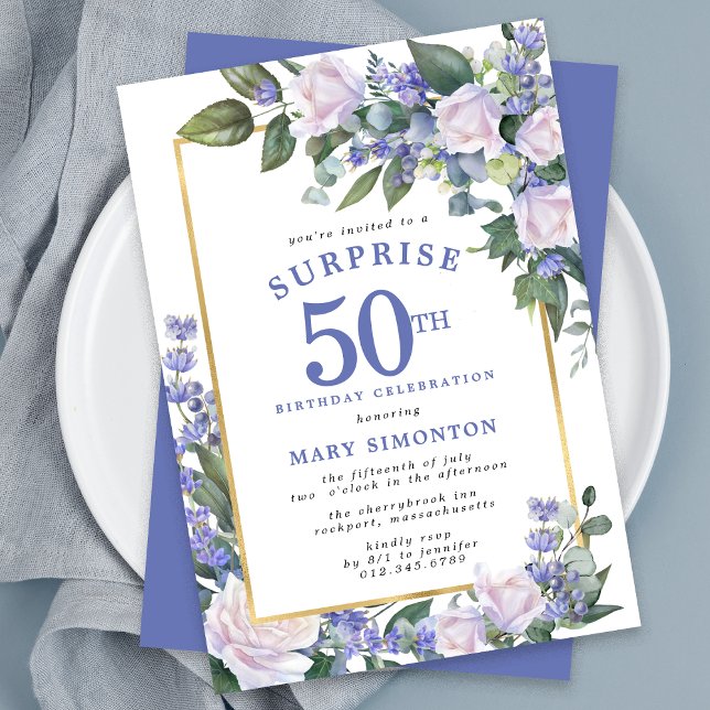 Invitation Blue White Floral 50e anniversaire Surprise Party (Créateur téléchargé)