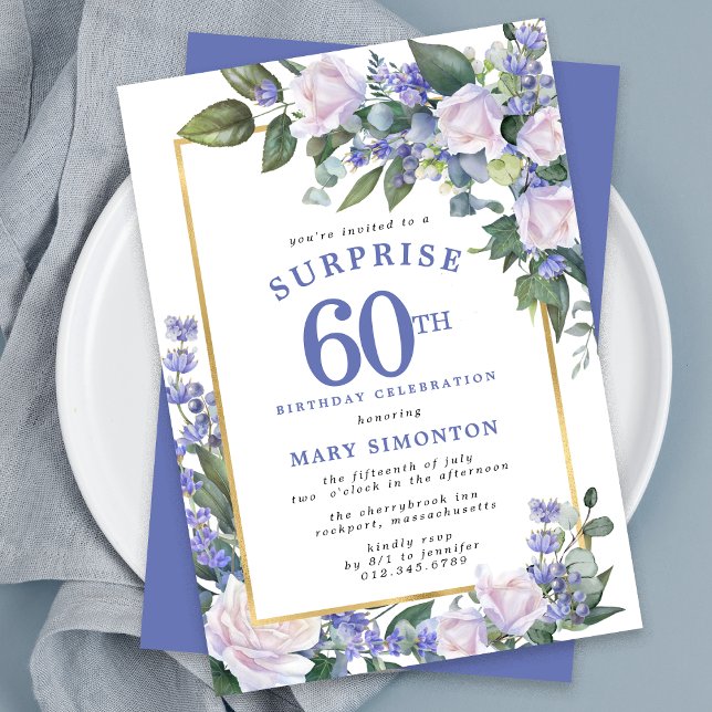 Invitation Blue White Floral 60e anniversaire Surprise Party (Créateur téléchargé)