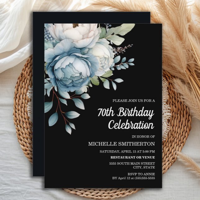 Invitation Blue White Floral Black Femmes 70e anniversaire (Elegant dusty blue watercolor floral on black 70th birthday party invitation for women.)