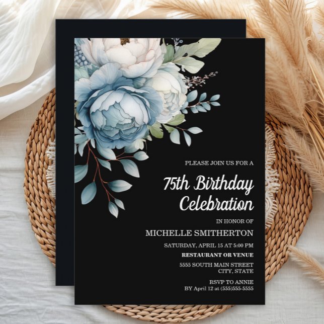 Invitation Blue White Floral Black Femmes 75e anniversaire (Dusty blue watercolor floral on elegant black 75th birthday party invitation.)