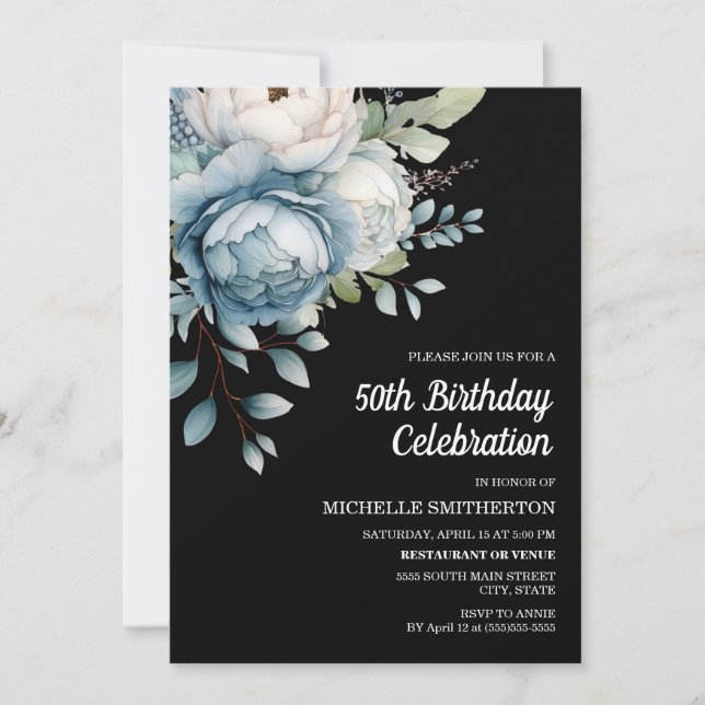 Invitation Blue White Floral Black Women's 50th Birthday (Devant)