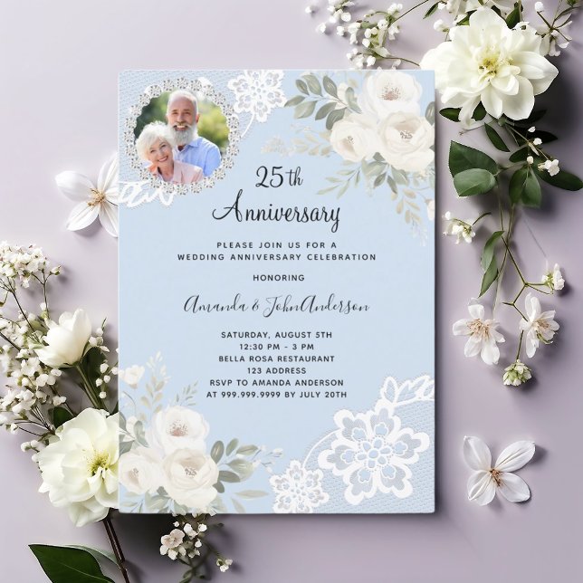 Invitation Blue white florals photo 25th wedding anniversary (Créateur téléchargé)