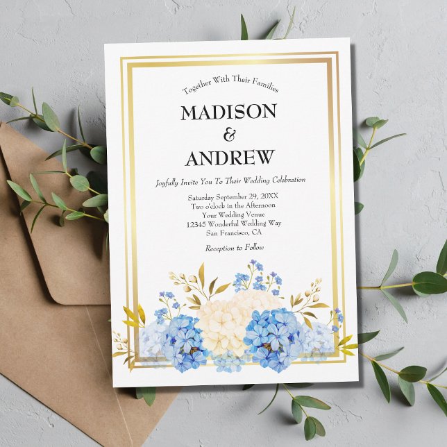 Invitation Blue White Flowers Gold Frame Mariage élégant (Créateur téléchargé)
