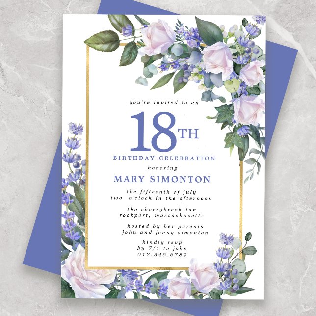 Invitation Blue White Gold Floral 18e anniversaire (Créateur téléchargé)