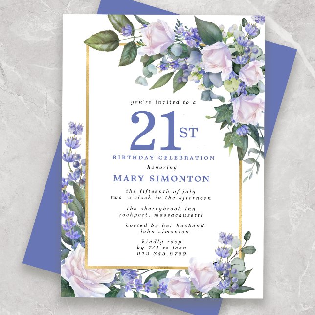 Invitation Blue White Gold Floral 21e anniversaire (Créateur téléchargé)
