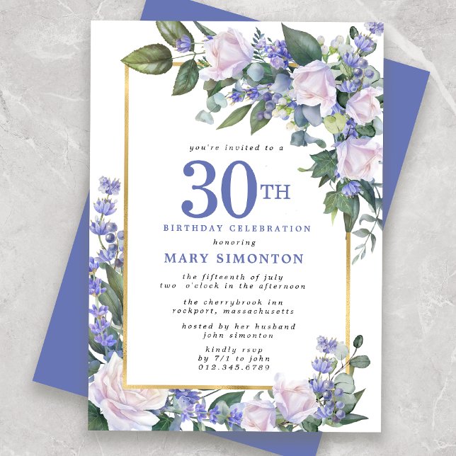 Invitation Blue White Gold Floral 30e anniversaire (Créateur téléchargé)