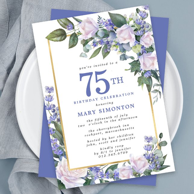 Invitation Blue White Gold Floral 75e anniversaire (Créateur téléchargé)