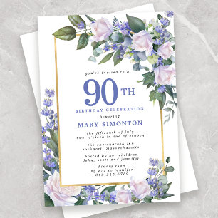 Invitation Blue White Gold Floral 90e anniversaire