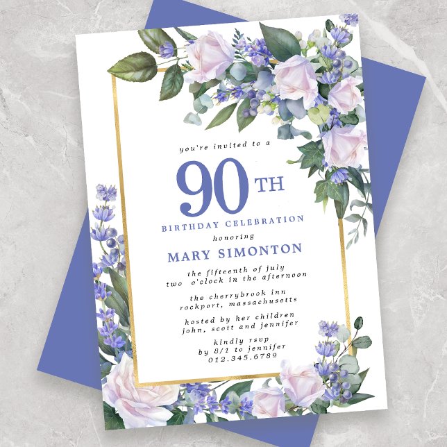 Invitation Blue White Gold Floral 90e anniversaire (Créateur téléchargé)