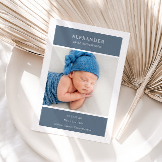 Invitation Blue White Minimalist Photo Baby Announcement Card