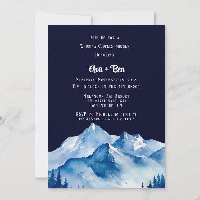 Invitation Blue White Snowy Mountains Mariage Couples Douche (Devant)