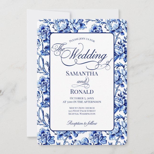 Invitation Blue & White w Calligraphy Floral Toile Wedding (Devant)