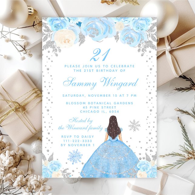 Invitation Blue Winter Brunette Hair Princesse Anniversaire (Créateur téléchargé)