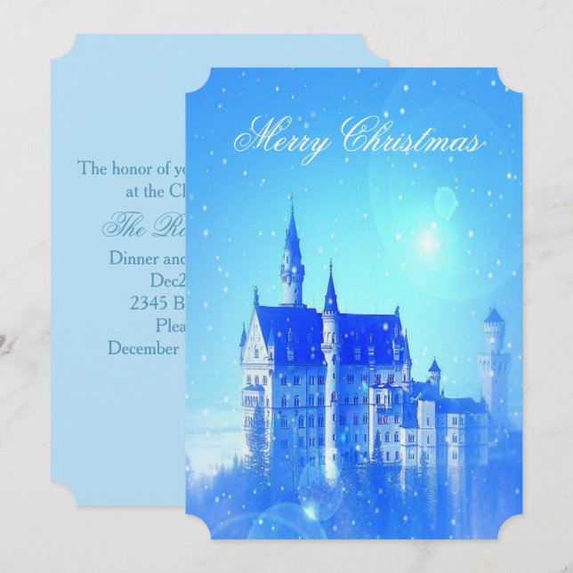 Invitation Blue Winter Castle Snowflakes Noël (Devant / Derrière)