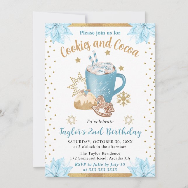 Invitation Blue Winter Cookies & Cocoa Birthday (Devant)
