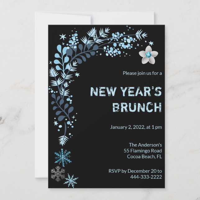 Invitation Blue Winter Floral Nouvel An Brunch (Devant)