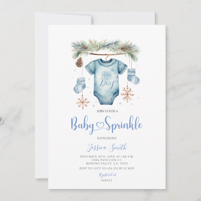 Invitation Blue Winter It's A Boy Baby Clothes Baby Sprinkle (Devant)