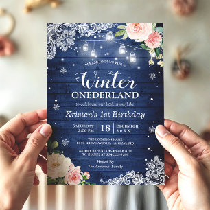 Invitation Blue Winter Onederland Floral Baby Premier anniver
