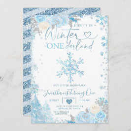 Invitation Blue Winter Onederland Snowflake 1er anniversaire