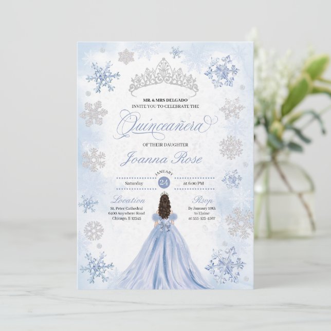 Invitation Blue Winter Wonderland Snowflake Quinceanera (Debout devant)