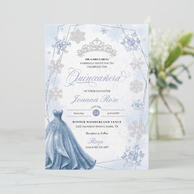 Invitation Blue Winter Wonderland Snowflake Quinceanera (Debout devant)