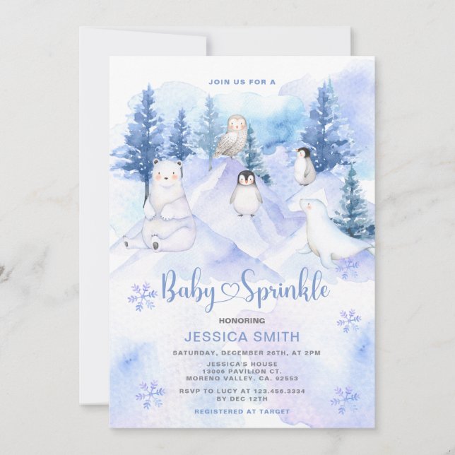 Invitation Blue Winter Woodland Arctic Animals Baby Sprinkle (Devant)