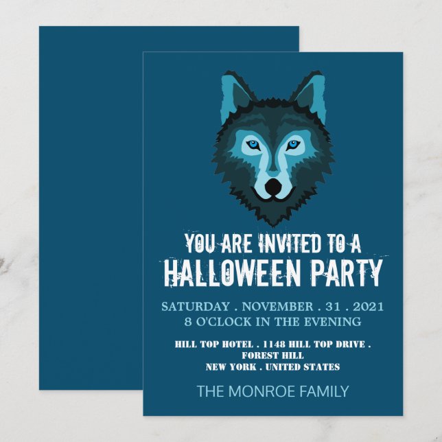 Invitation Blue Wolf, fête d'Halloween (Devant / Derrière)