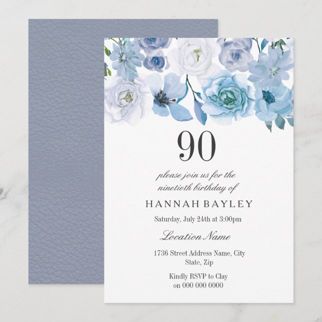 Invitation Blue Wonderland Grey Flower 90e anniversaire Invit (Devant / Derrière)