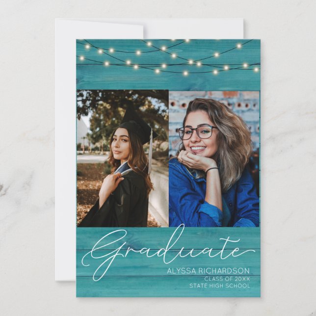 Invitation Blue Wood 2 Photo Handwritin Typographie Graduatio (Devant)