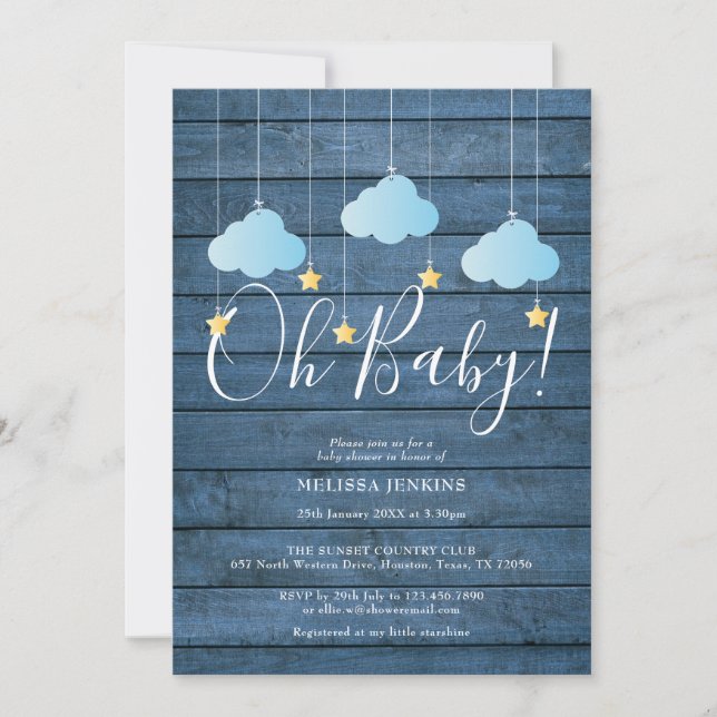 Invitation Blue Wood Twinkle Twinkle Oh Baby Baby shower (Devant)