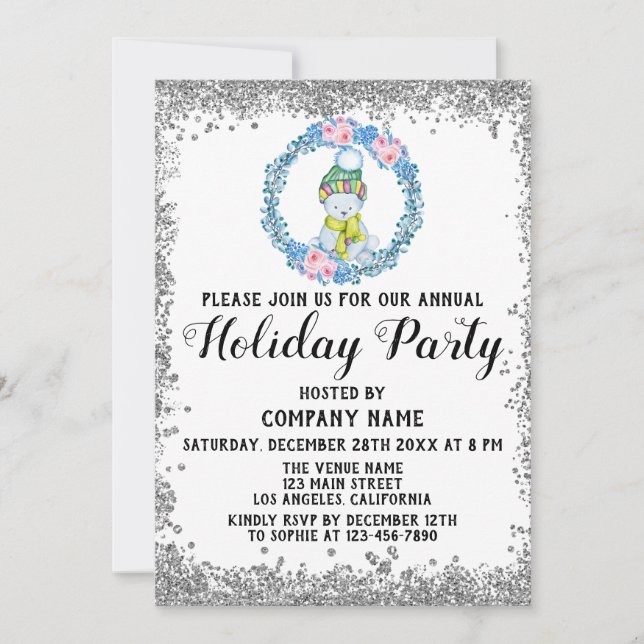 Invitation Blue Wreath Christmas Company Fête d'argent (Devant)