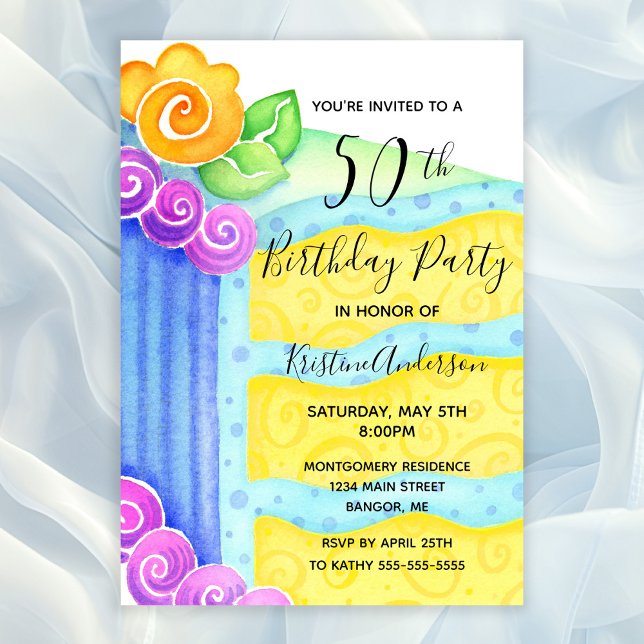 Invitation Blue Yellow Cake Floral 50e fête d'anniversaire (50th Birthday Party Invitation with a piece of cake decorated with aqua blue frosting)